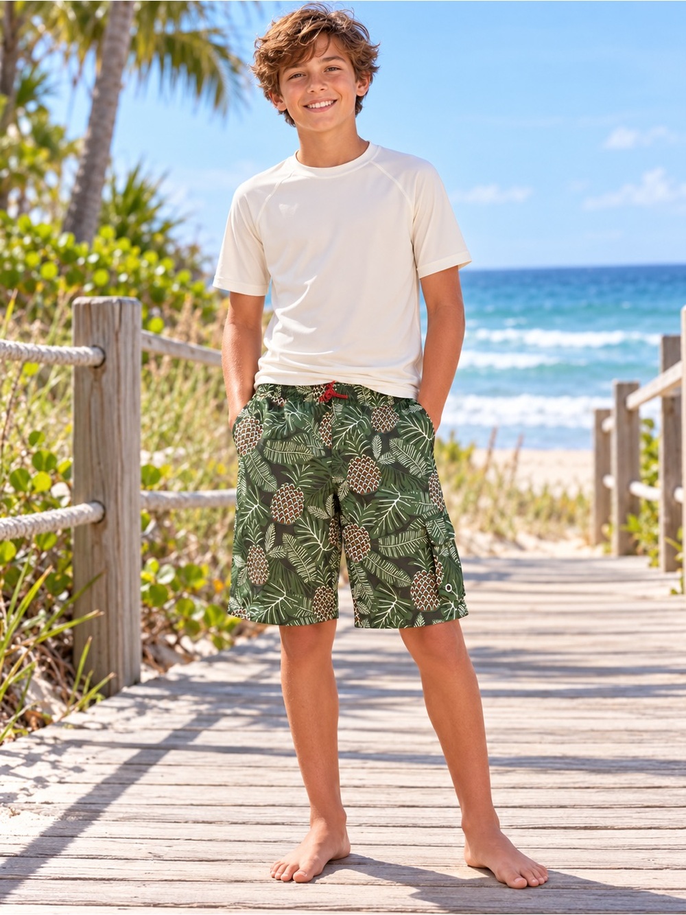 Garnet Hill Kids Boys Size 14 Green Pineapple Swim Trunks Board Shorts